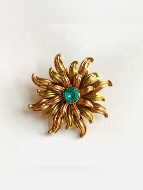 Vintage VAN DELL Gold & Copper Tone Sunburst Flower Brooch w/ Teal Center Stone